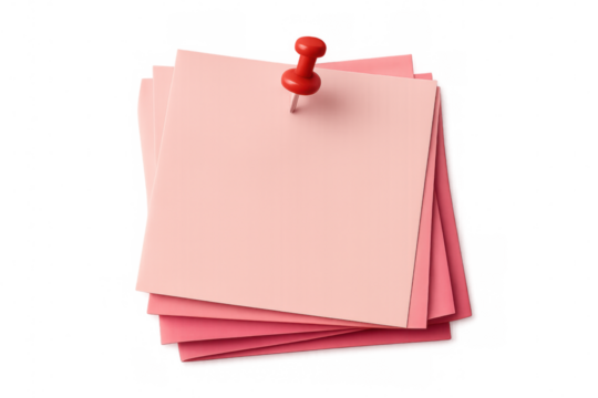 Stack of light pink and dark pink sticky notes pinned with red pushpin for reminder or message on transparent background