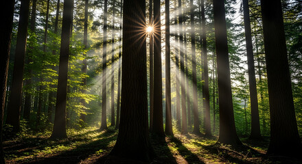 Sunbeams in Forest, Woodland with Sunlight Filtering