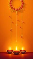 Decorative marigold toran and three glowing hanging diyas placed symmetrically on a warm gradient orange background.
