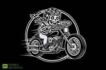 Skeleton Biker Riding Motorcycle with Checkered Scarf and Goggle