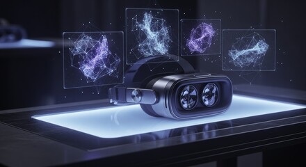 Fototapeta premium Futuristic Virtual Reality Headset on Luminous Platform with Holographic Data Network Displays, Showcasing Advanced Immersive Technology and the Metaverse Concept