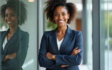 Happy successful business leader posing near outside. Young business woman with arms folded standing near glass wall, looking at camera, smiling. African American businesswoman concept. High quality