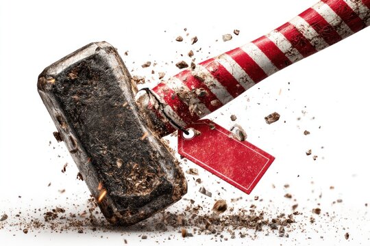A sledgehammer with red and white handle shatters, isolated on white background