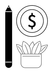 Vertical pencil, dollar coin with symbol, and minimalist potted plant. Ideal for creativity, finances, growth, minimalism, investment, eco-friendly business simple flat metaphor