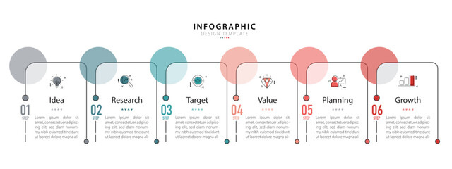Infographic template. 6 steps timeline journey. Process diagram, 6 options on white background, Infograph elements, technology, education, modern, business, vector illustration.