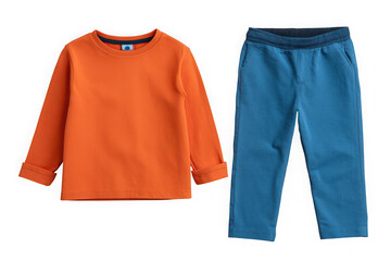 A bright orange long sleeved t shirt and blue denim jeans for children laid out flat on a transparent background isolated on transparent background