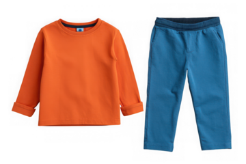 A bright orange long sleeved t shirt and blue denim jeans for children laid out flat on a transparent background isolated on transparent background