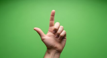 Man hand showing pointing gesture with index finger up on green screen background. Effect for chromakey.
