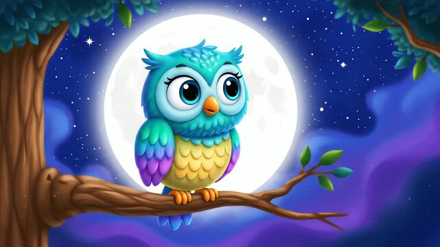 Cartoon owl perched on branch under full moon night sky
