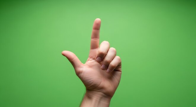 Man hand showing pointing gesture with index finger up on green screen background. Effect for chromakey.