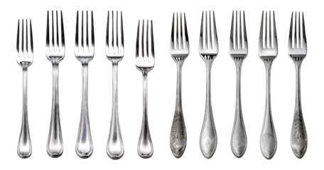 Various Designs of Stainless Steel Forks on White Background, PNG bundle collection, Isolated on Transparent Background