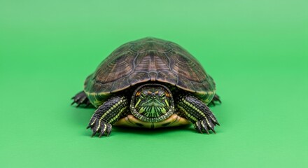 Obraz premium Turtle with green screen background isolated for compositing. Reptile pet on chroma key background. Animal effect for video or presentation.