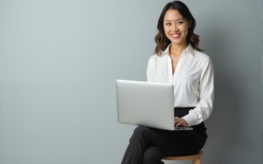 Young business woman posing isolated over grey wall background sitting on stool using laptop computer. High quality