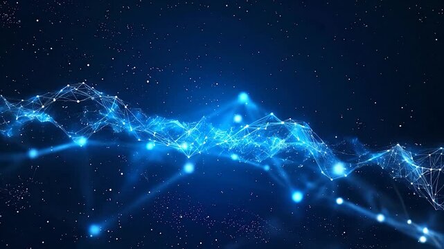 Vibrant blue digital network with glowing nodes and lines forming a dynamic wave against a starry dark background