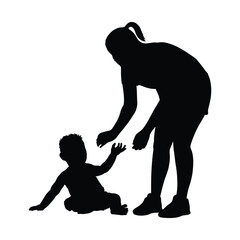 Happy mom playing with her baby boy black silhouette on white background vector illustration.