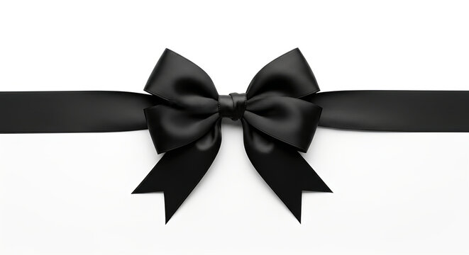 Meticulously tied black silk bow and horizontal ribbon, a sophisticated and versatile design element for various celebratory, commemorative, or mourning themes