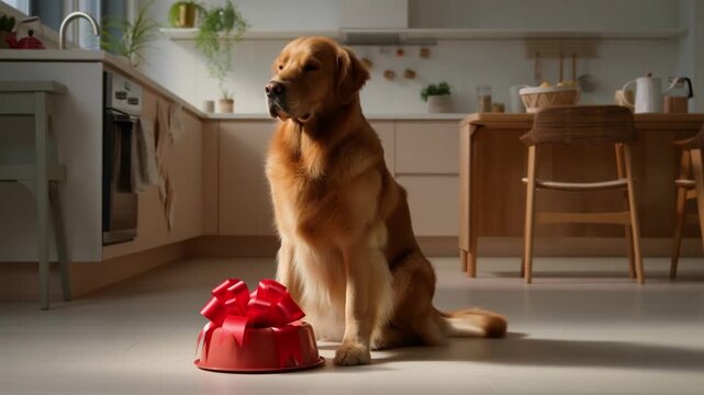 A golden retriever sits by its food bowl with a festive red bow in a bright, modern kitchen, celebrating a simple and joyful holiday morning ritual.