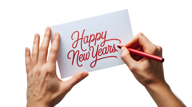 Hands writing Happy New Years greeting on card with red pen, spreading festive cheer for celebrations and personal messages.