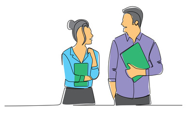 Continuous line art of a female and male student carrying a book on her chest. Vector illustration of a female and male student