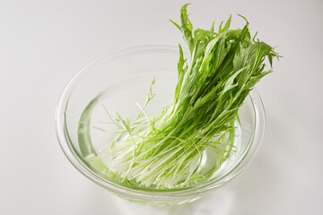 水菜をボウルに水を入れ浸す