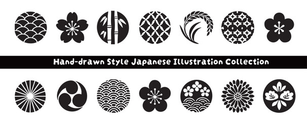 和のイラストセット(手書き風、切り絵風、ハンコ風)