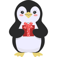 Adorable illustration of a smiling penguin holding a red gift box with a bow.
