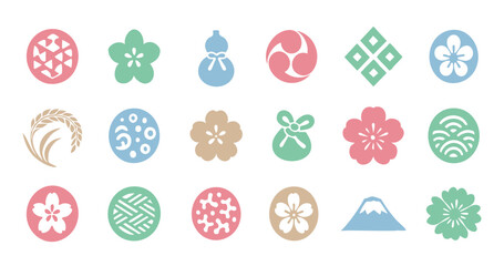 和のイラストセット(手書き風、切り絵風、ハンコ風)