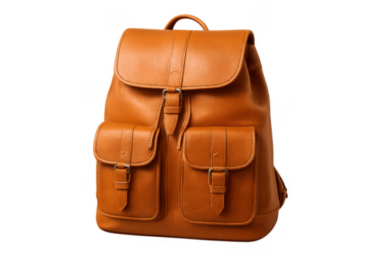Leather backpack featuring side pockets and buckle closures