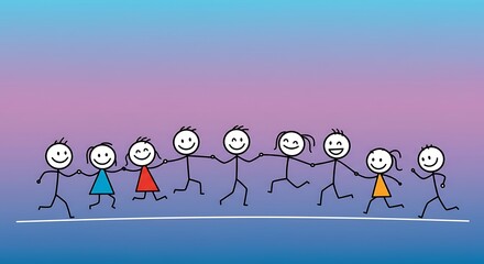 Diverse group of stick figure children holding hands and running together in a joyful celebration.
