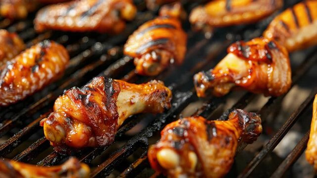 Barbecued chicken wings on grill with char marks