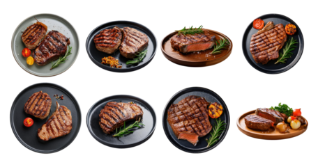 Delicious Grilled Steak Dishes on Elegant Plates with Garnishes, PNG bundle collection, Isolated on Transparent Background
