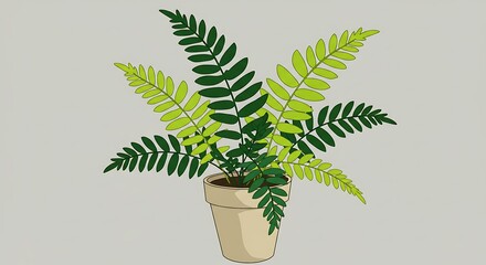 Fern Plant in Pot Illustration with Green and Yellow Fronds.