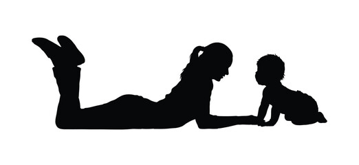 Mother and baby son lying down prone position playing together black silhouette vector illustration. 