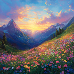 Colorful Meadow Under Mountain Sunset, Vibrant Flower Field in Mountainous Landscape, Sunset Over Blooming Meadow in the Mountains, Mountain Meadow with Colorful Flowers and Sunset, Mountain Sunrise o