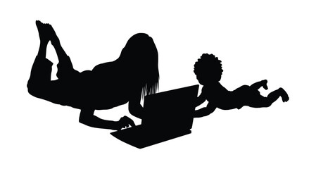 Mother and baby son lying together in prone position and looking at laptop black silhouette vector illustration.