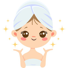 Illustration Of A Happy Young Girl With A Towel Wrapped Around Her Head And Body Glowing With Sparkles And Stars Against A Transparent Background