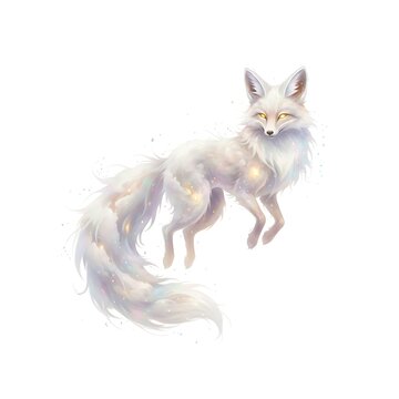 Ethereal white fox with glowing, starlight accents, fantasy art.