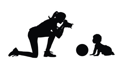 Mother holding camera taking pictures of his baby son black silhouette vector illustration.