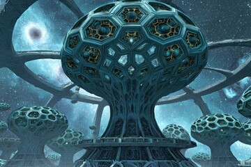 Futuristic Space Tree Structure In A Galaxy Landscape