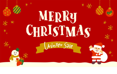 クリスマスの赤い背景フレーム素材｜サンタと雪だるまのイラスト入り、バナーテンプレート