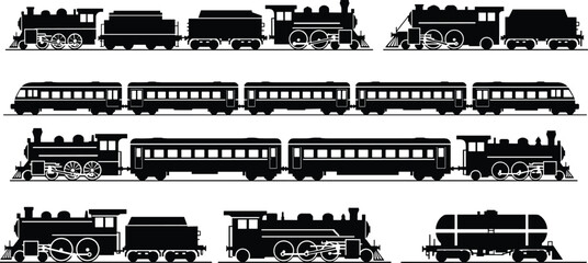 train silhouette, steam locomotive, passenger car, railway transport, vintage engine, modern coach, cargo wagon, tank car, transportation design, cad drawing flat vector illustration