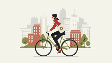 Woman Riding Bicycle in the City with Eco Bag