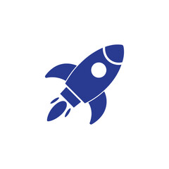Bold blue rocket ship soaring upwards against a clean white backdrop, symbolizing ambition, innovation, and a forward-thinking approach to business growth