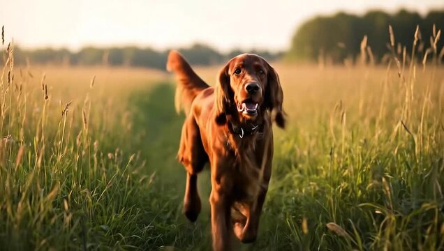 Happy dog running through a field of tall grass in the sunlight.