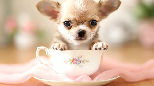 Tiny chihuahua puppy in a teacup delicate pastel colors studio shot