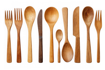 A collection of various wooden kitchen utensils including forks spoons and knives arranged in a row isolated on transparent background
