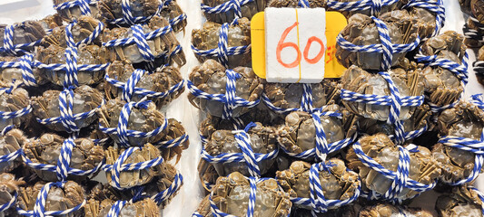Seafood display with several raw crabs for sale at a local market.