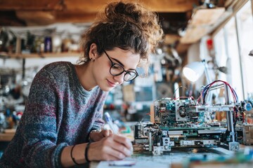 A young woman works on a project in a cozy workshop, surrounded by tools and machinery, showcasing creativity and innovation.