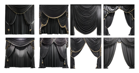 Elegant Black Drapery Panels with Gold Trim for Stage and Events, isolated on transparent background