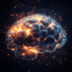 Abstract Brain with Lights, 3D Digital Brain with Glowing Connections, Abstract Brain with Light Trails in Digital Art, Brain Visualization with Lights and Connections, Futuristic Brain with Glowing D